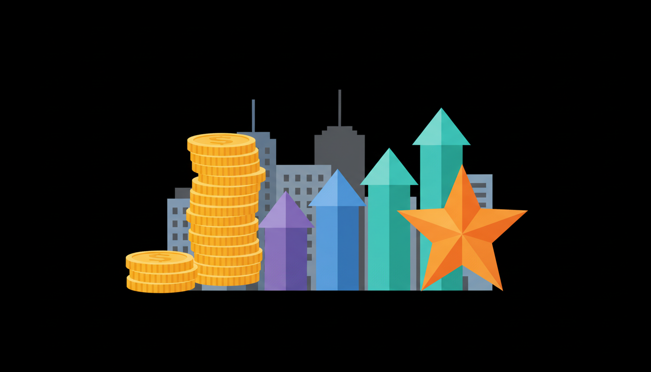 A clean infographic style illustration showing different compensation components: base salary, stock, and bonus, with a background hinting at big tech office buildings
