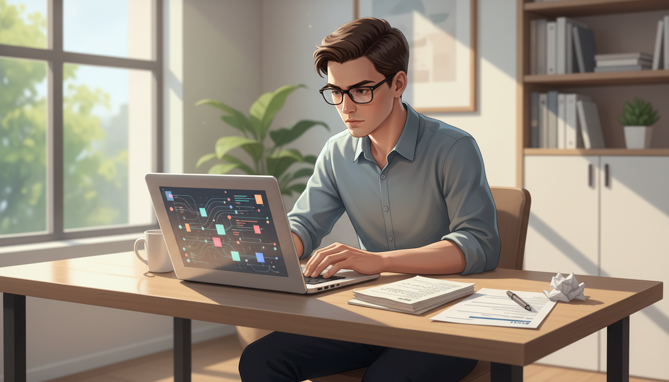 A candidate sitting at a desk with a laptop open to an interview preparation dashboard, notes and a resume beside them, looking focused and prepared